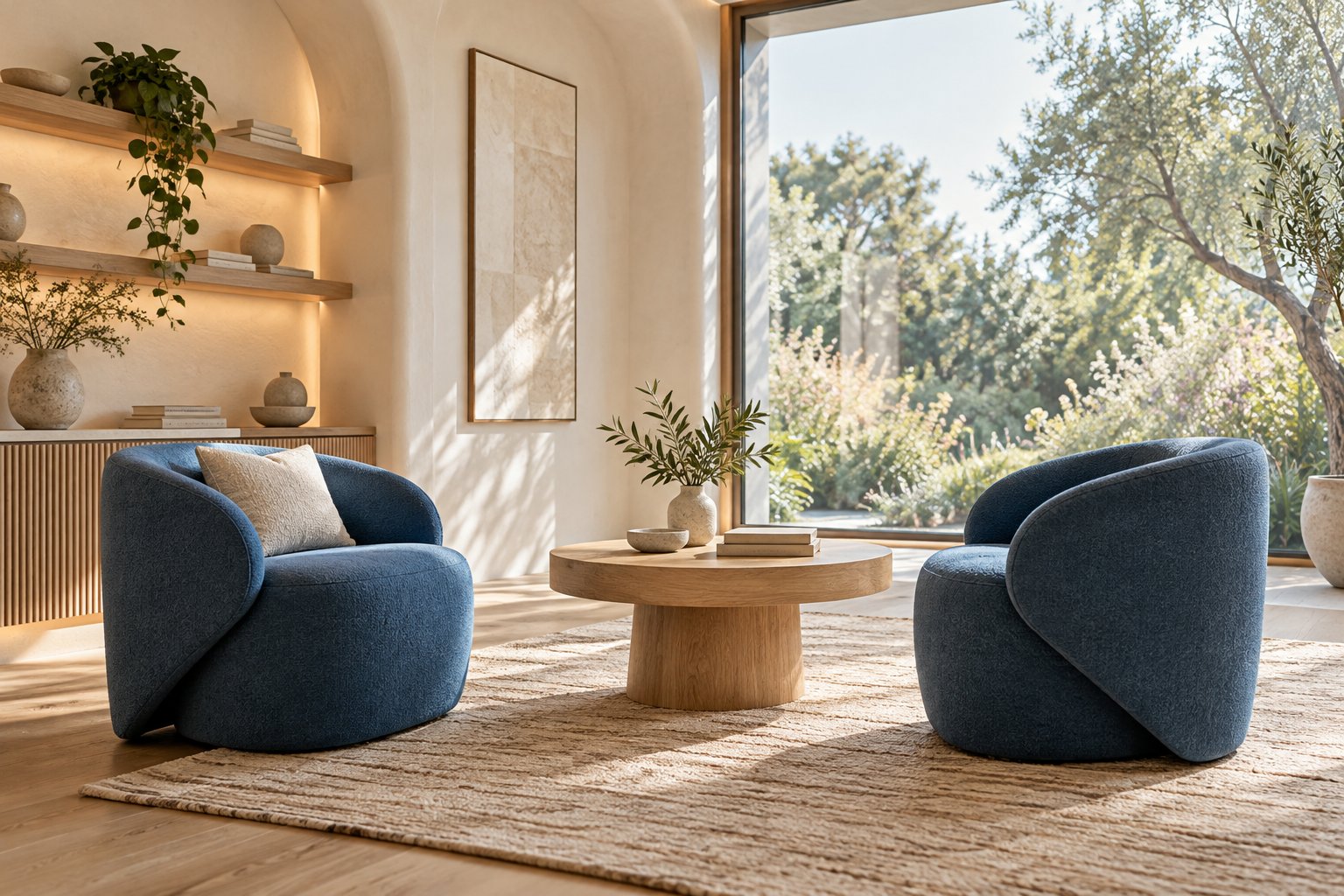 Generated fictional consultation lounge with two blue chairs